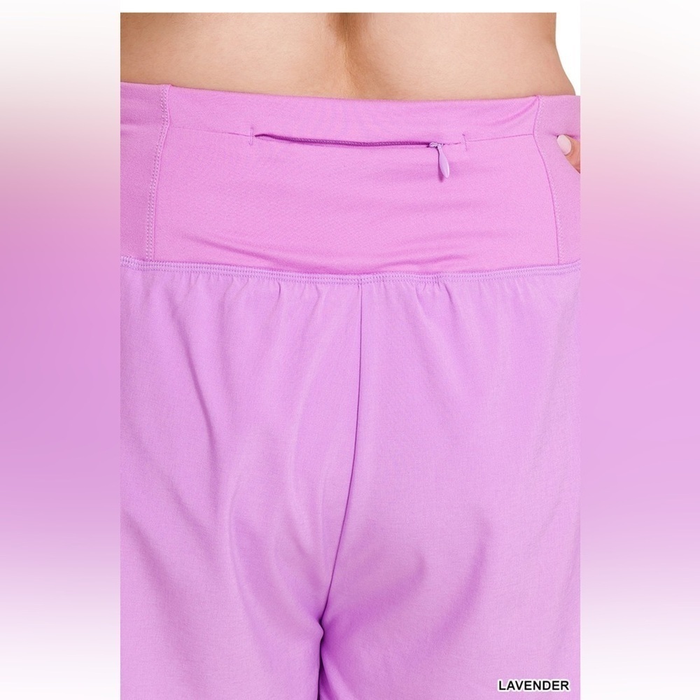Zenana Plus Size Olive High Waist Zipper Back Pockets Running Shorts - Picture 3 of 5